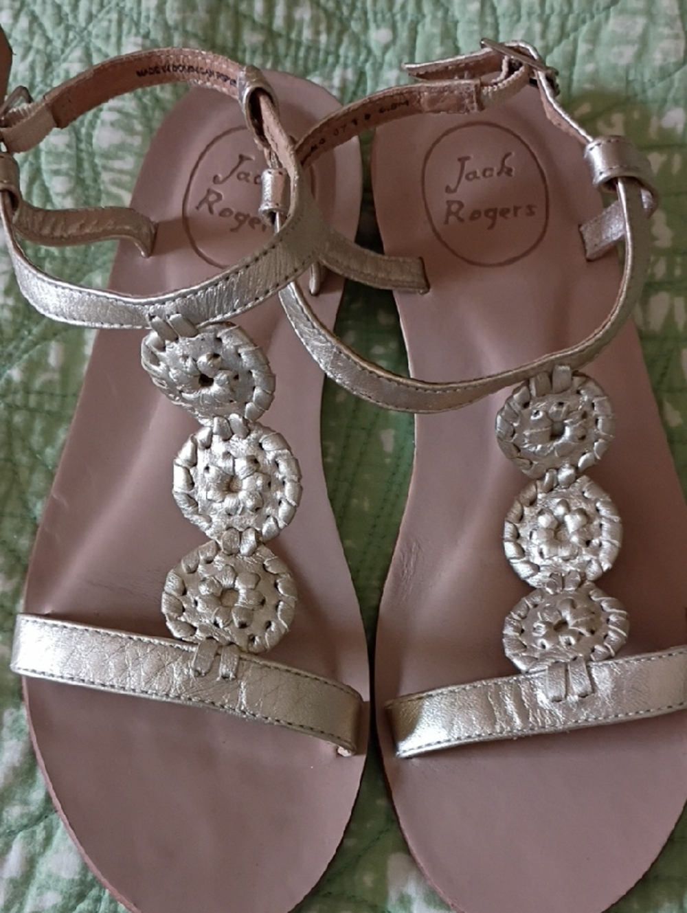 Jack Rogers Metallic Gold Braided Medallion T-Strap Sandals